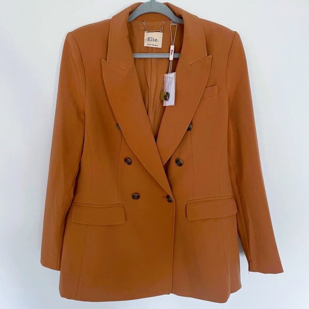 $158 Elie Tahari Blazer Jacket Gold Metal Buttons Tan Terracotta size LARGE